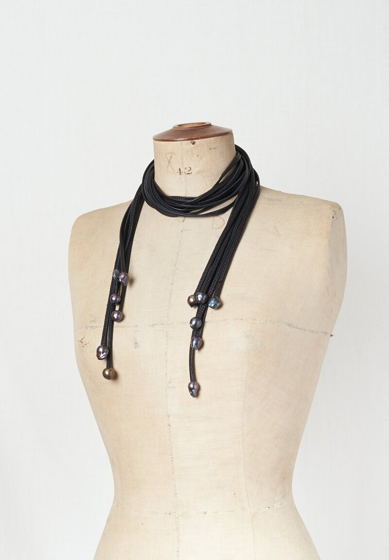 Monies Grey Baroque Pearl & Leather Tie Necklace 60 Inch	