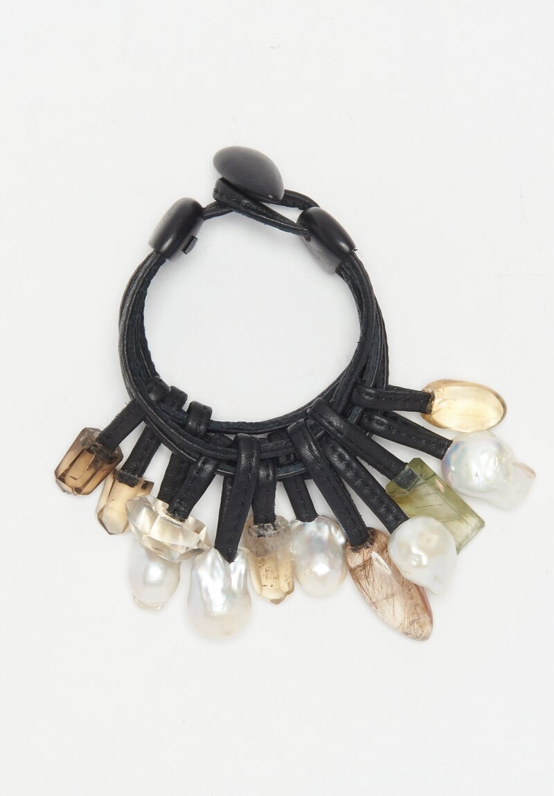 Monies Baroque Pearl, Mountain Crystal, Ebony & Leather Bracelet 8 Inch	
