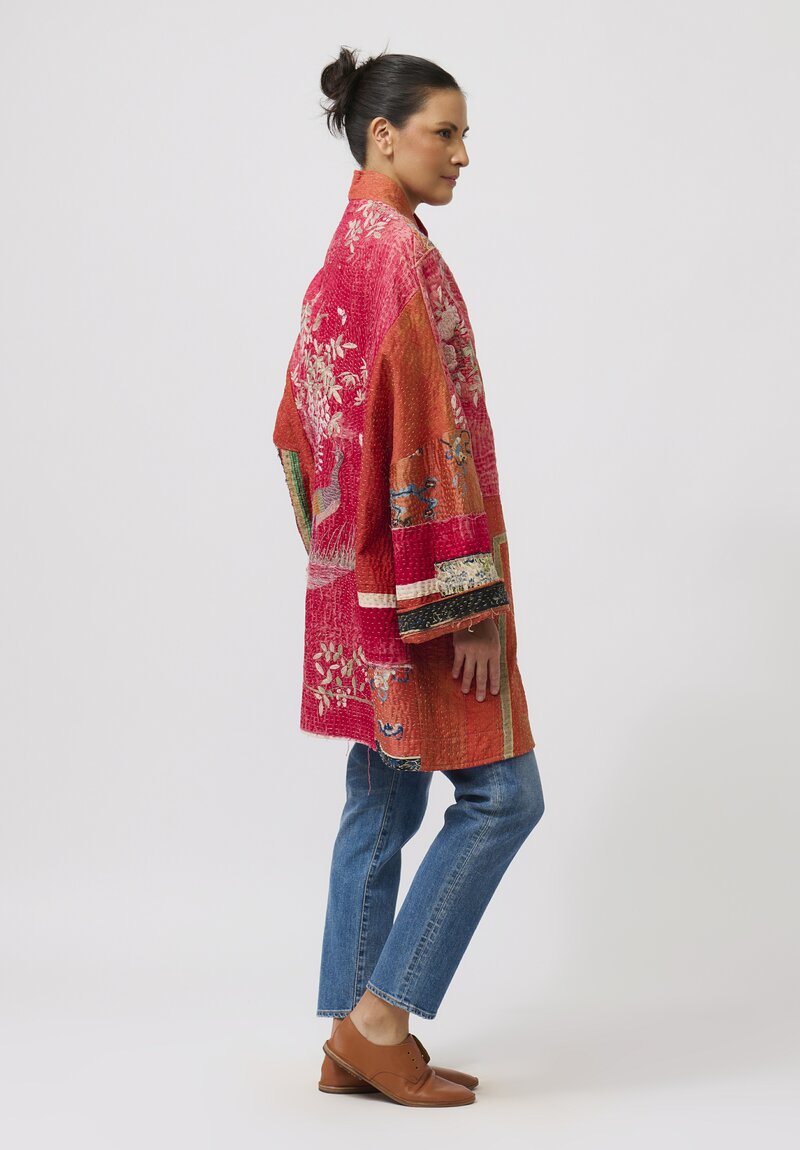 By Walid Antique Embroidered Silk Basma Coat in Red Raspberry & Peacock	