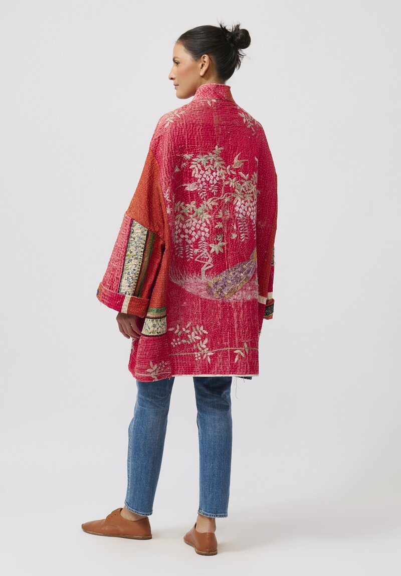 By Walid Antique Embroidered Silk Basma Coat in Red Raspberry & Peacock	