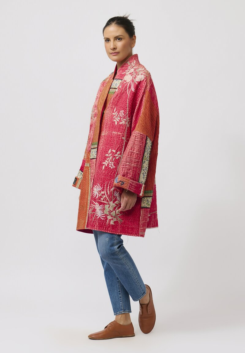 By Walid Antique Embroidered Silk Basma Coat in Red Raspberry & Peacock	