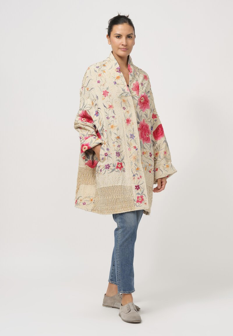 By Walid Silk Piano Shawl Basma Coat in Ivory & Pink Flowers	