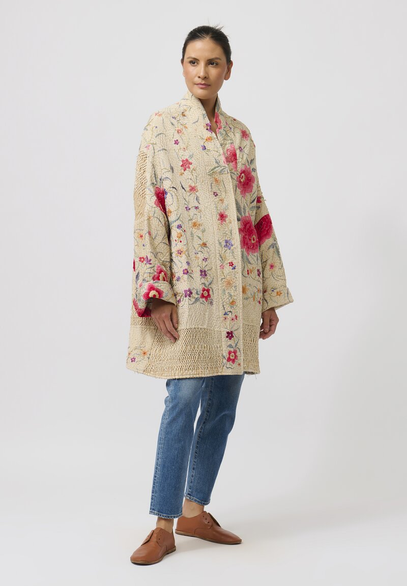 By Walid Silk Piano Shawl Basma Coat in Ivory & Pink Flowers	