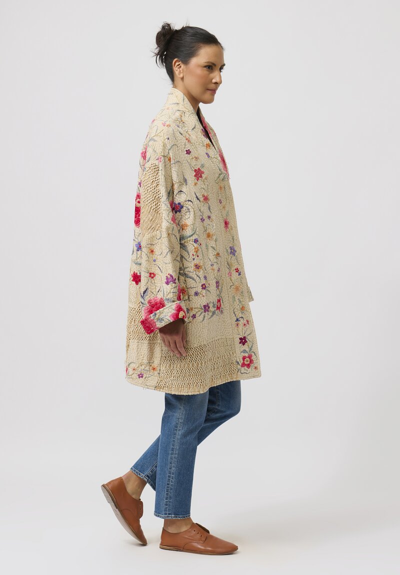 By Walid Silk Piano Shawl Basma Coat in Ivory & Pink Flowers	