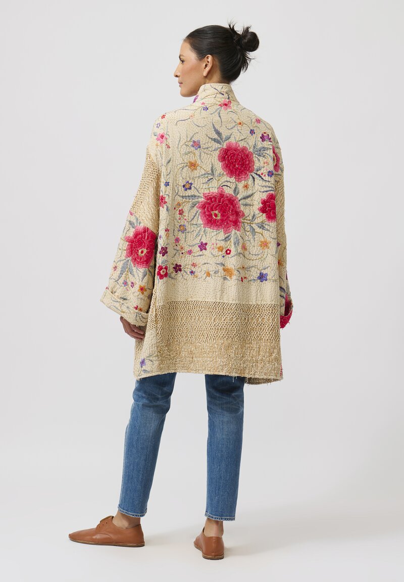 By Walid Silk Piano Shawl Basma Coat in Ivory & Pink Flowers	