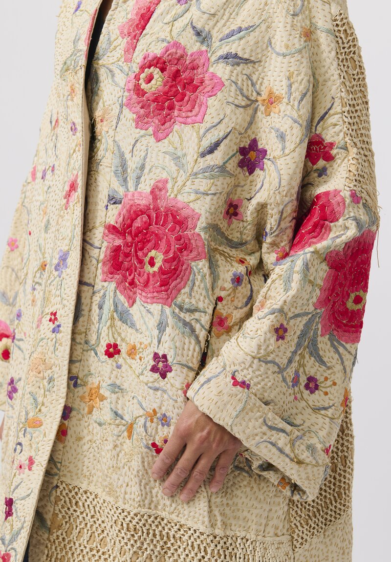 By Walid Silk Piano Shawl Basma Coat in Ivory & Pink Flowers	