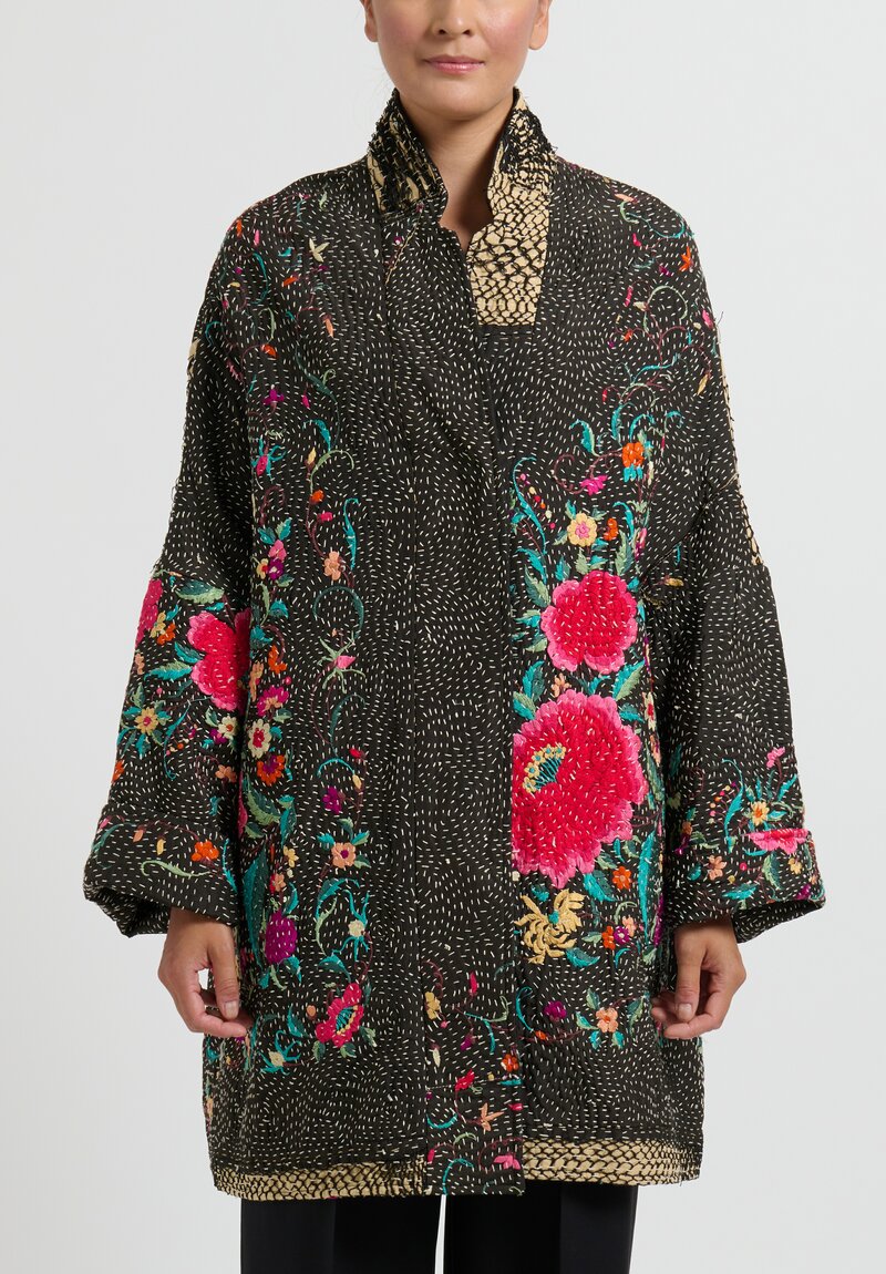 By Walid Silk Piano Shawl Basma Coat in Black & Pink Flowers	