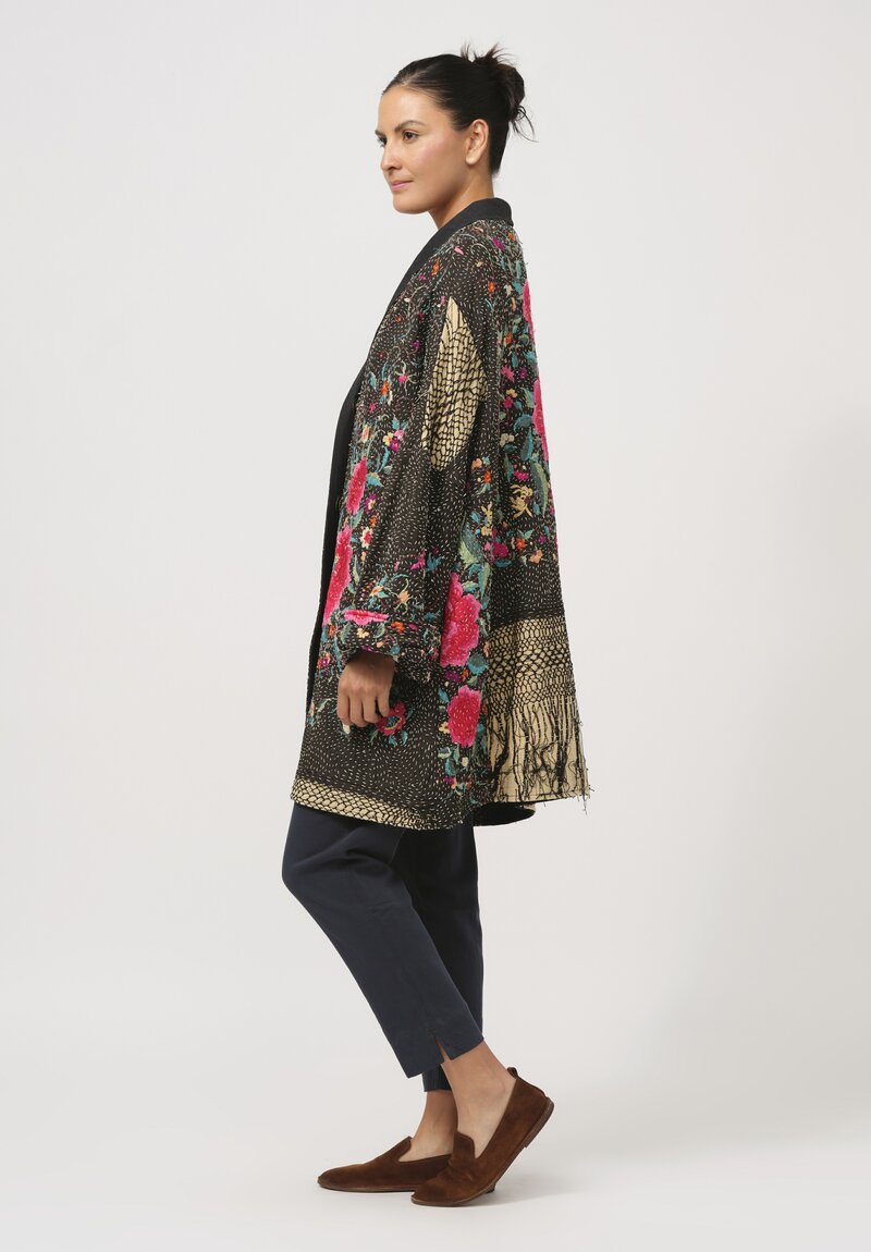 By Walid Silk Piano Shawl Basma Coat in Black & Pink Flowers	