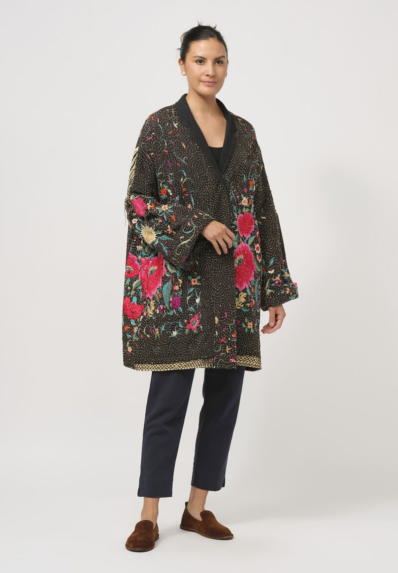 By Walid Silk Piano Shawl Basma Coat in Black & Pink Flowers	