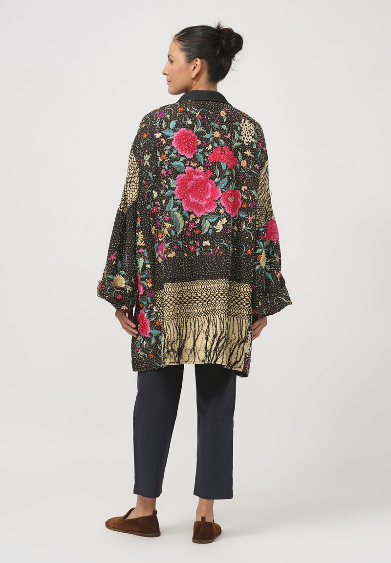 By Walid Silk Piano Shawl Basma Coat in Black & Pink Flowers	