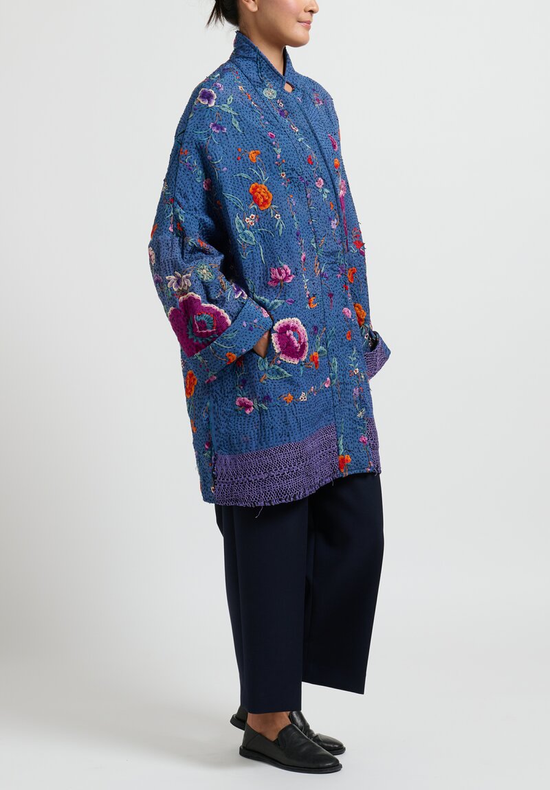 By Walid Silk Piano Shawl Basma Coat in Blue Purple Flowers	
