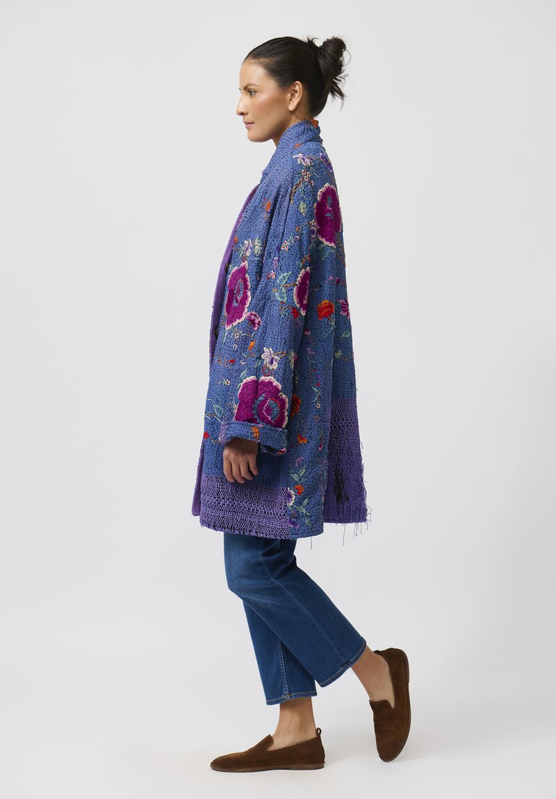 By Walid Silk Piano Shawl Basma Coat in Blue Purple Flowers	