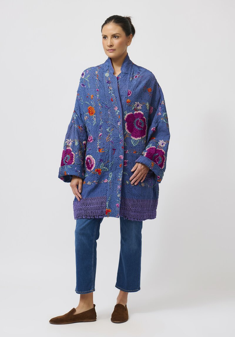 By Walid Silk Piano Shawl Basma Coat in Blue Purple Flowers	