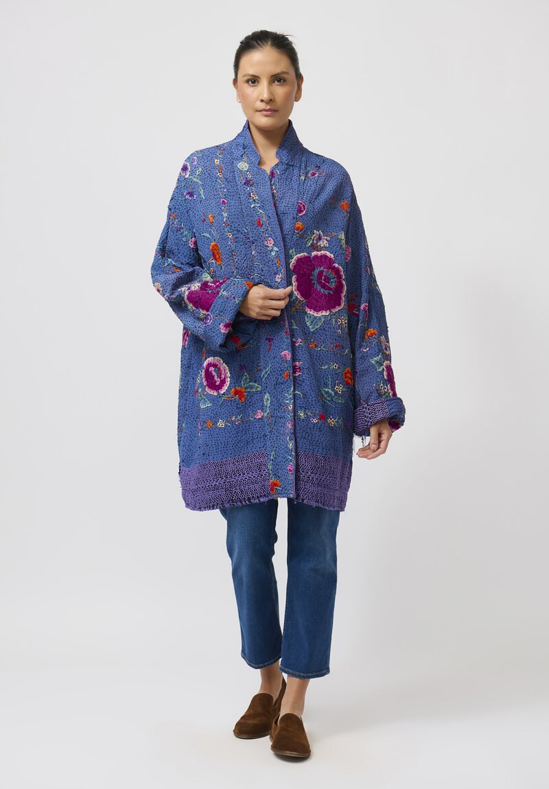 By Walid Silk Piano Shawl Basma Coat in Blue Purple Flowers	