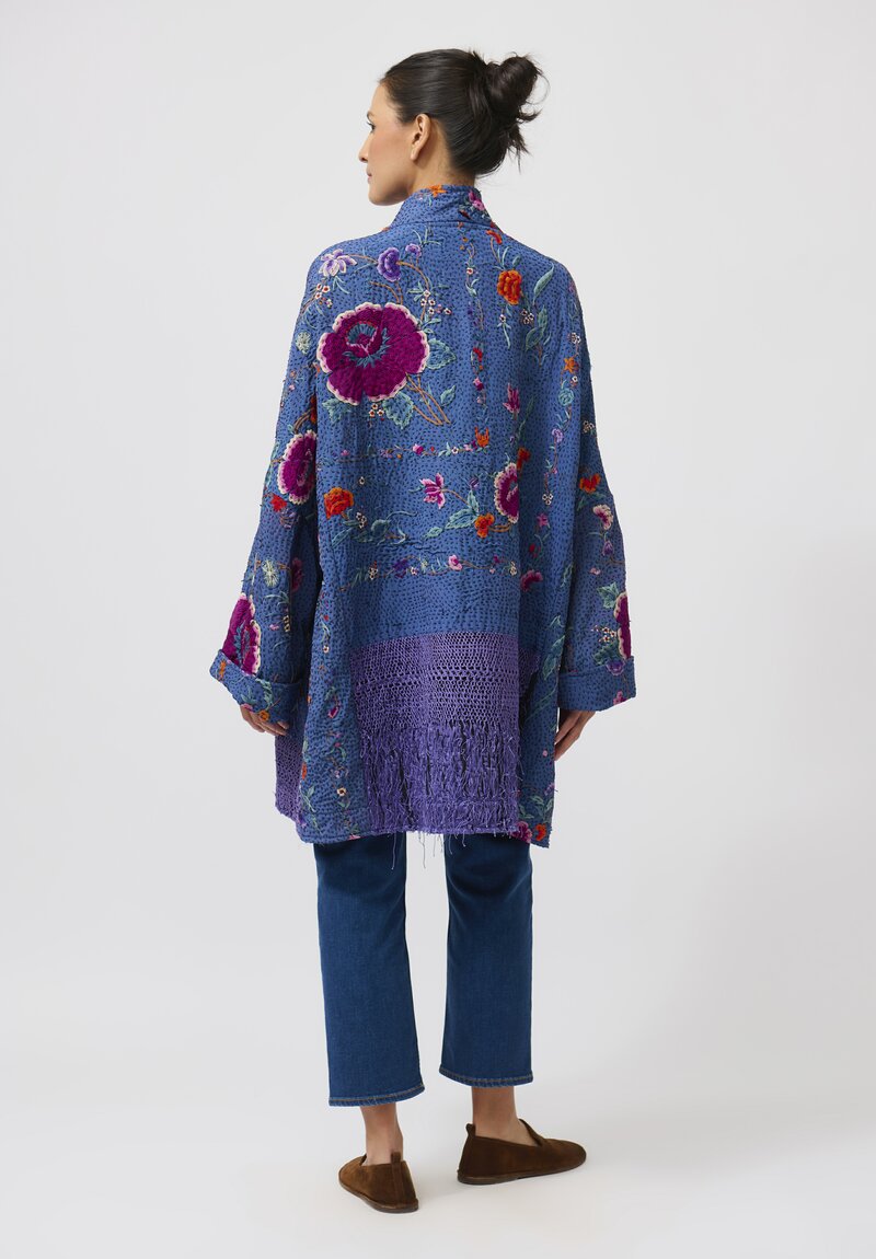 By Walid Silk Piano Shawl Basma Coat in Blue Purple Flowers	