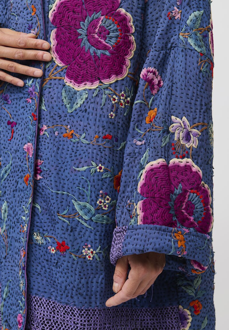 By Walid Silk Piano Shawl Basma Coat in Blue Purple Flowers	