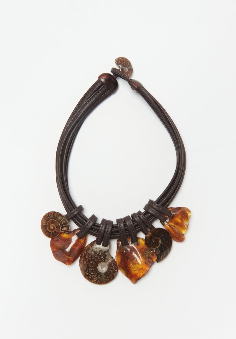  Monies Amber, Ammonite & Leather Necklace
