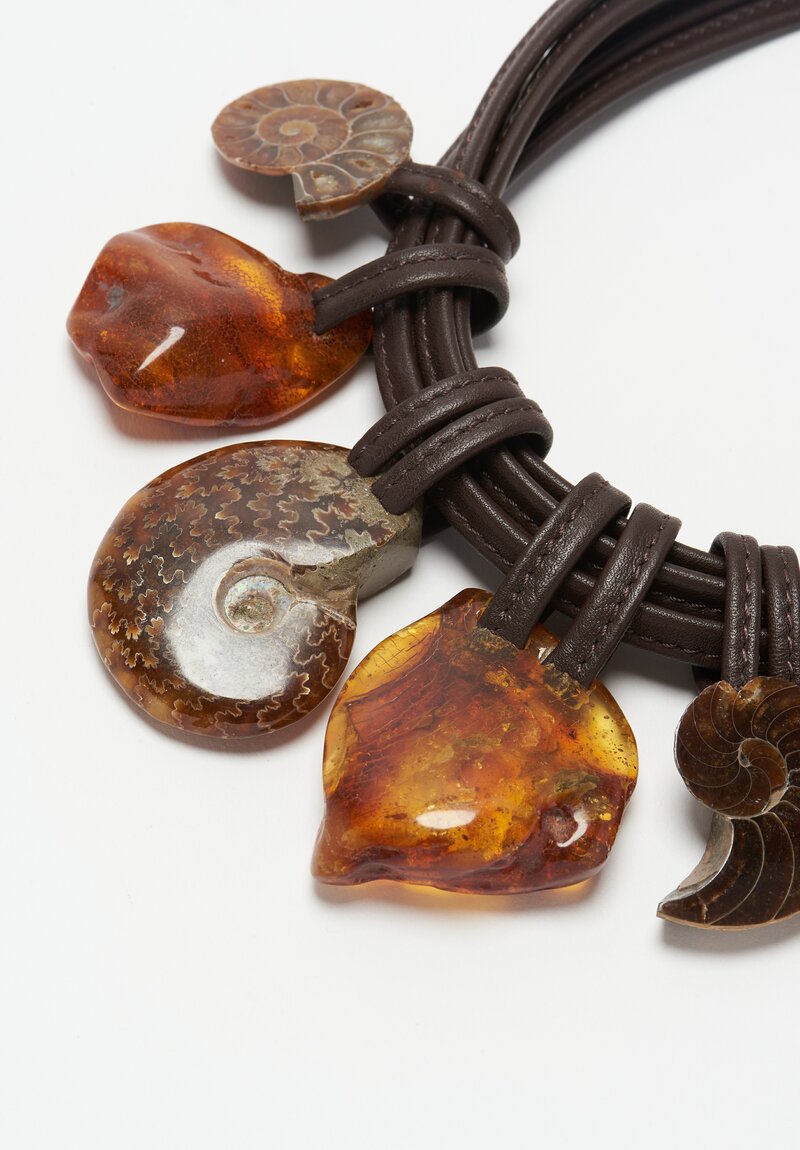  Monies Amber, Ammonite & Leather Necklace