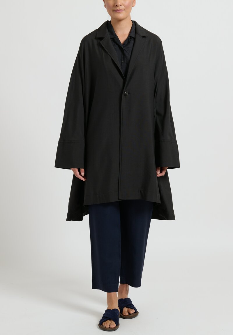 kaval Super 180s Wool/Silk A-Line Overcoat in Black | Santa Fe Dry