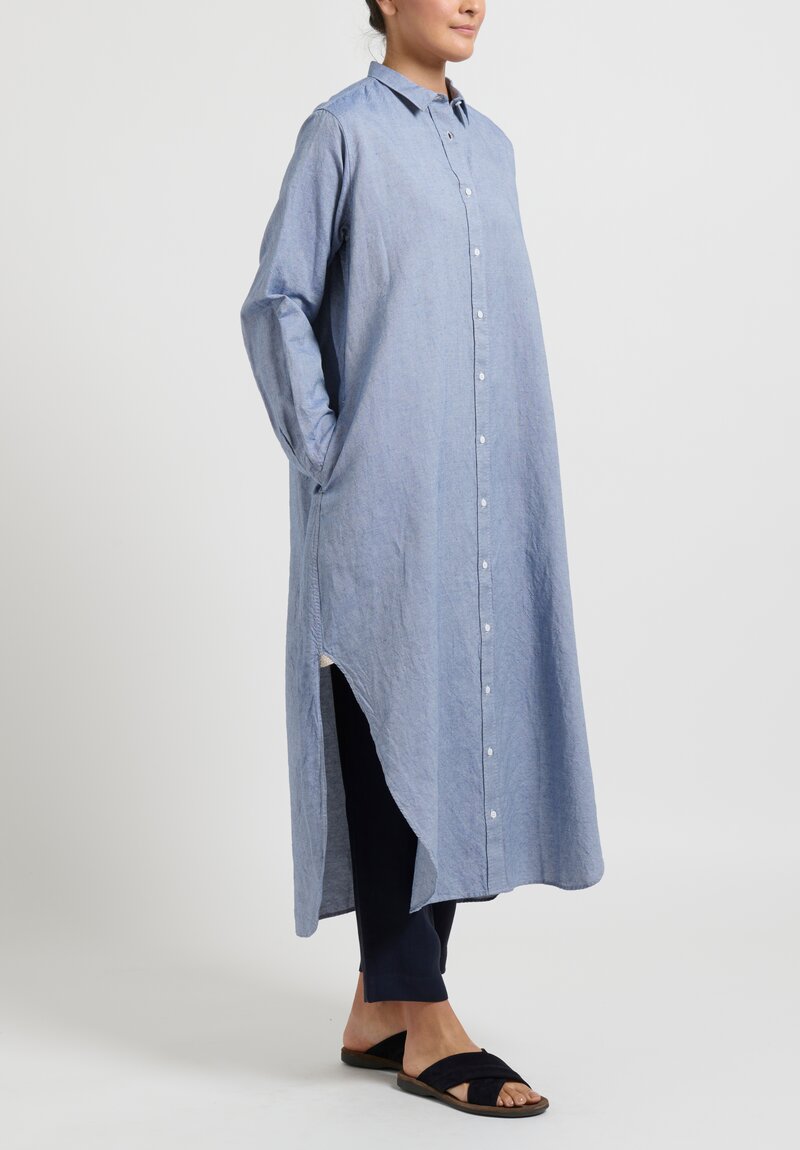 kaval Cotton Linen Short Collar Shirt Dress in Blue	