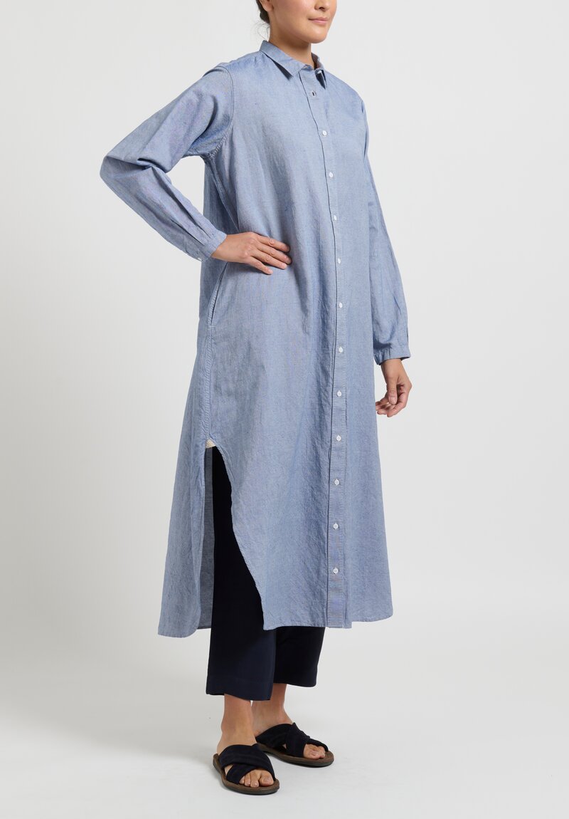 kaval Cotton Linen Short Collar Shirt Dress in Blue	