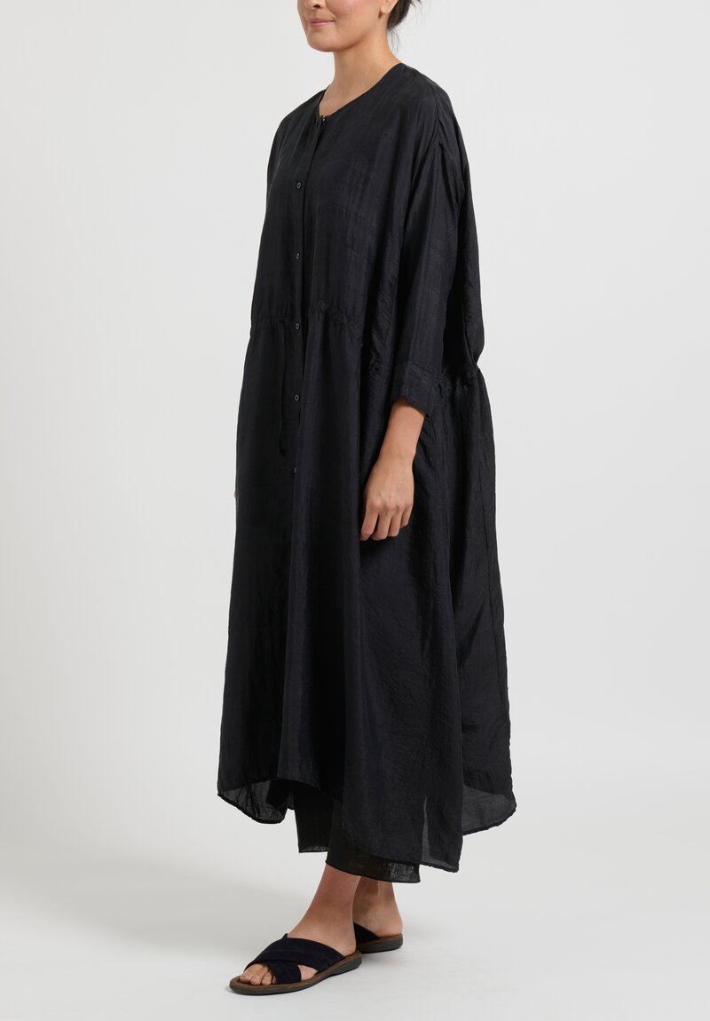 kaval Khadi Silk Button Front Duster in Black	
