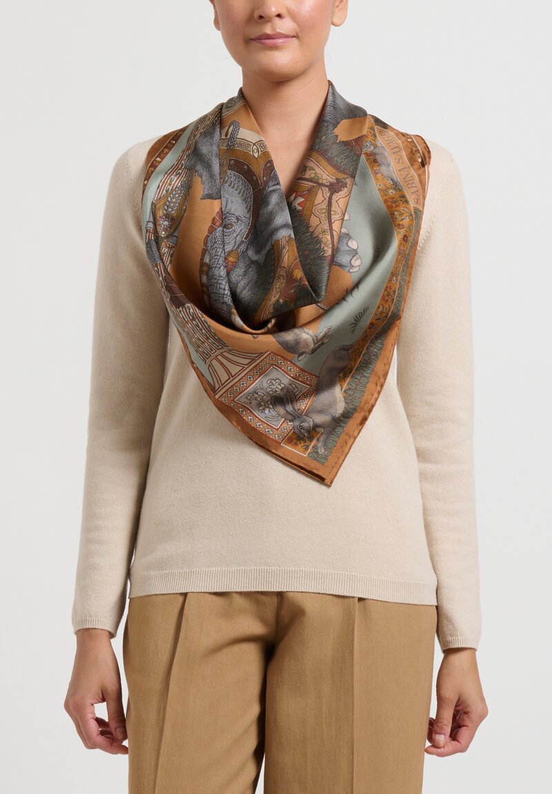 Sabina Savage Silk ''The Rabbits and the Elephant'' Scarf in Plaster/Jade	