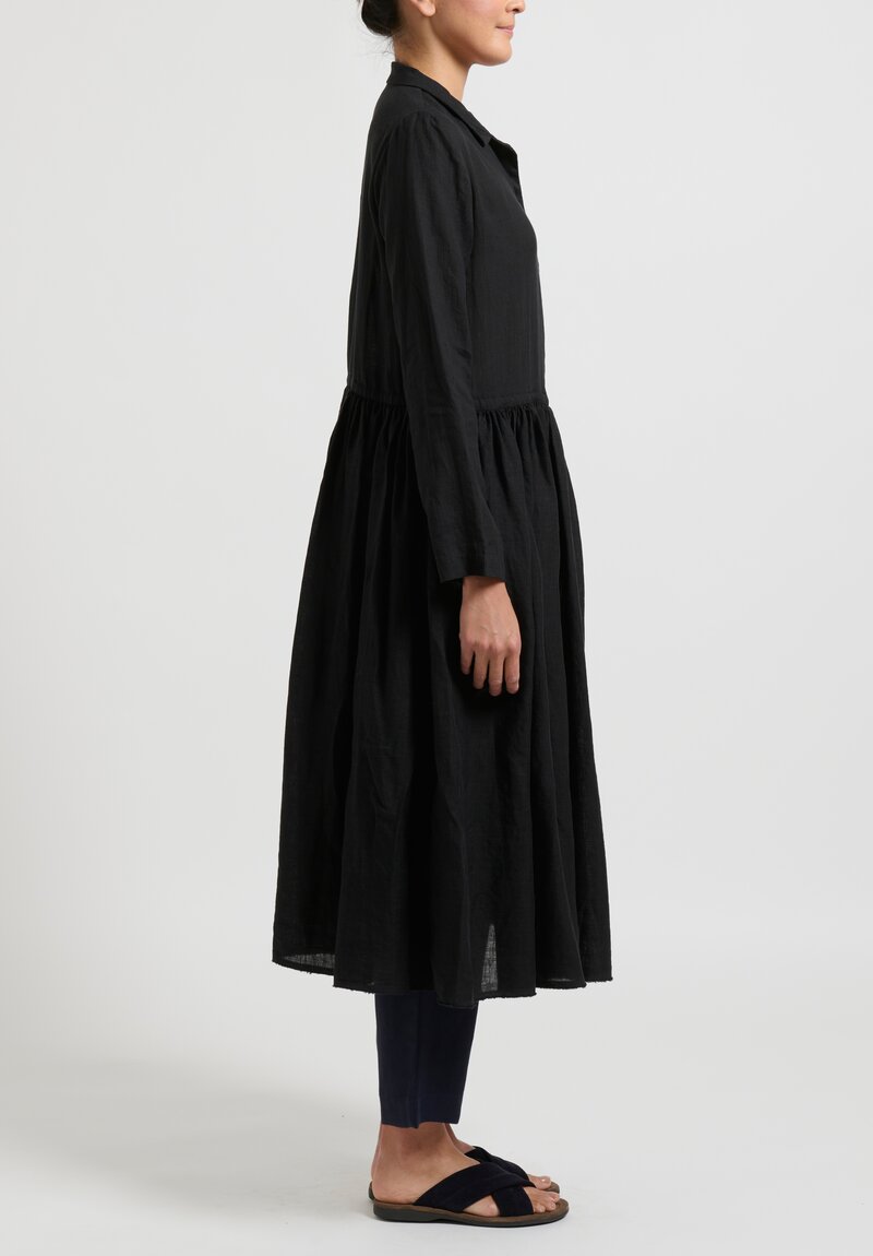 kaval Linen Gathered Waist Dress in Black	