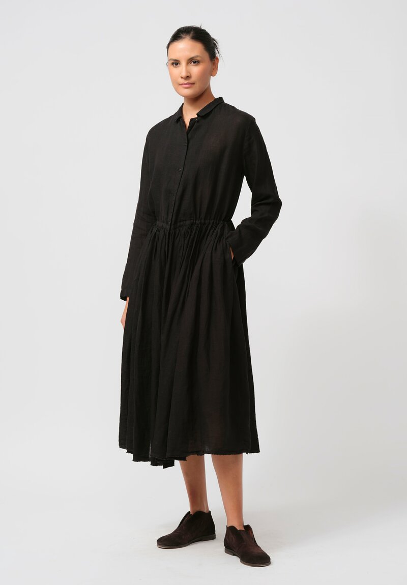 Kaval Linen Gathered Waist Dress in Black	