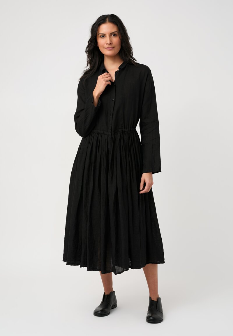 Kaval Linen Gathered Waist Dress in Black