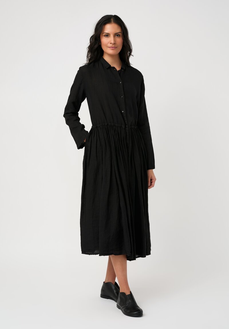 Kaval Linen Gathered Waist Dress in Black