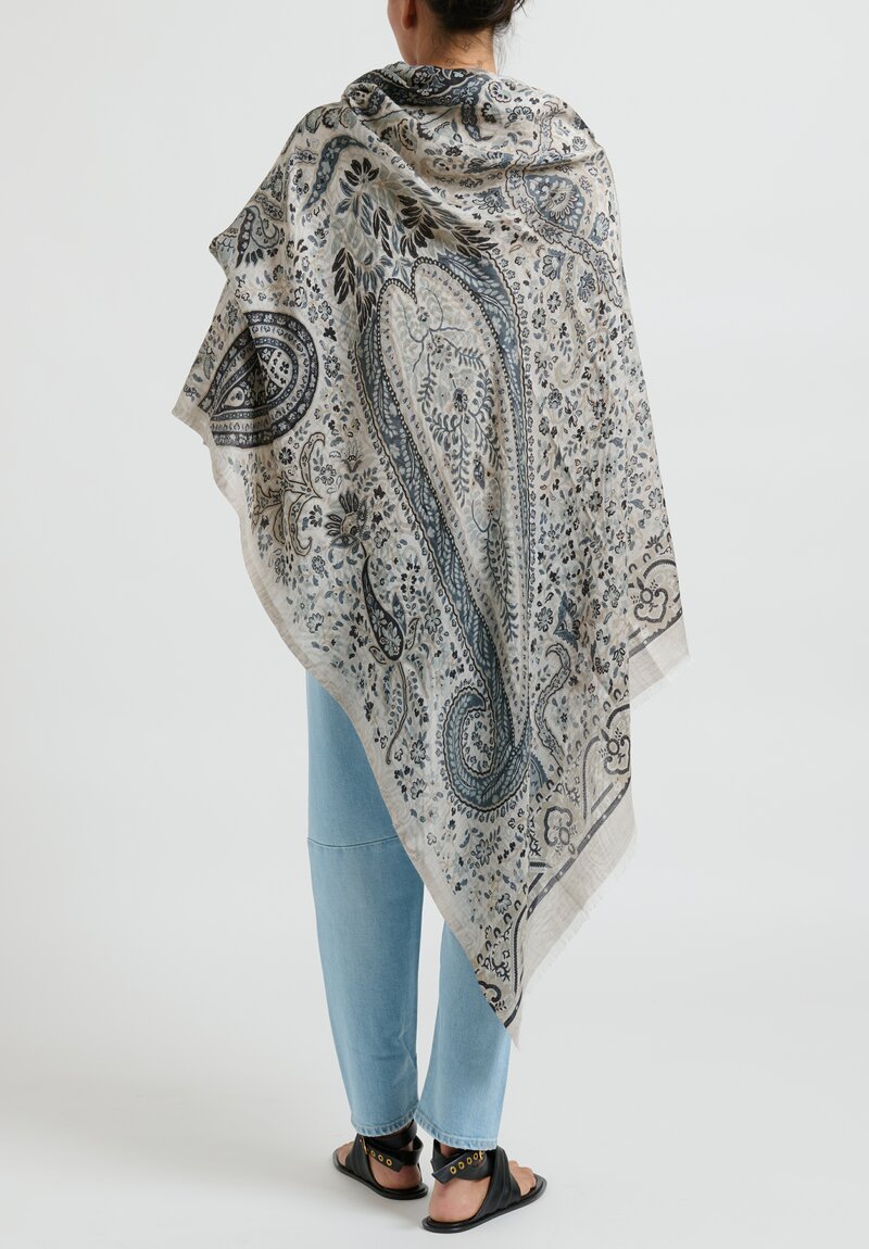 Etro Cashmere/Silk Floral Paisley Selvedged Scarf in Navy Blue	