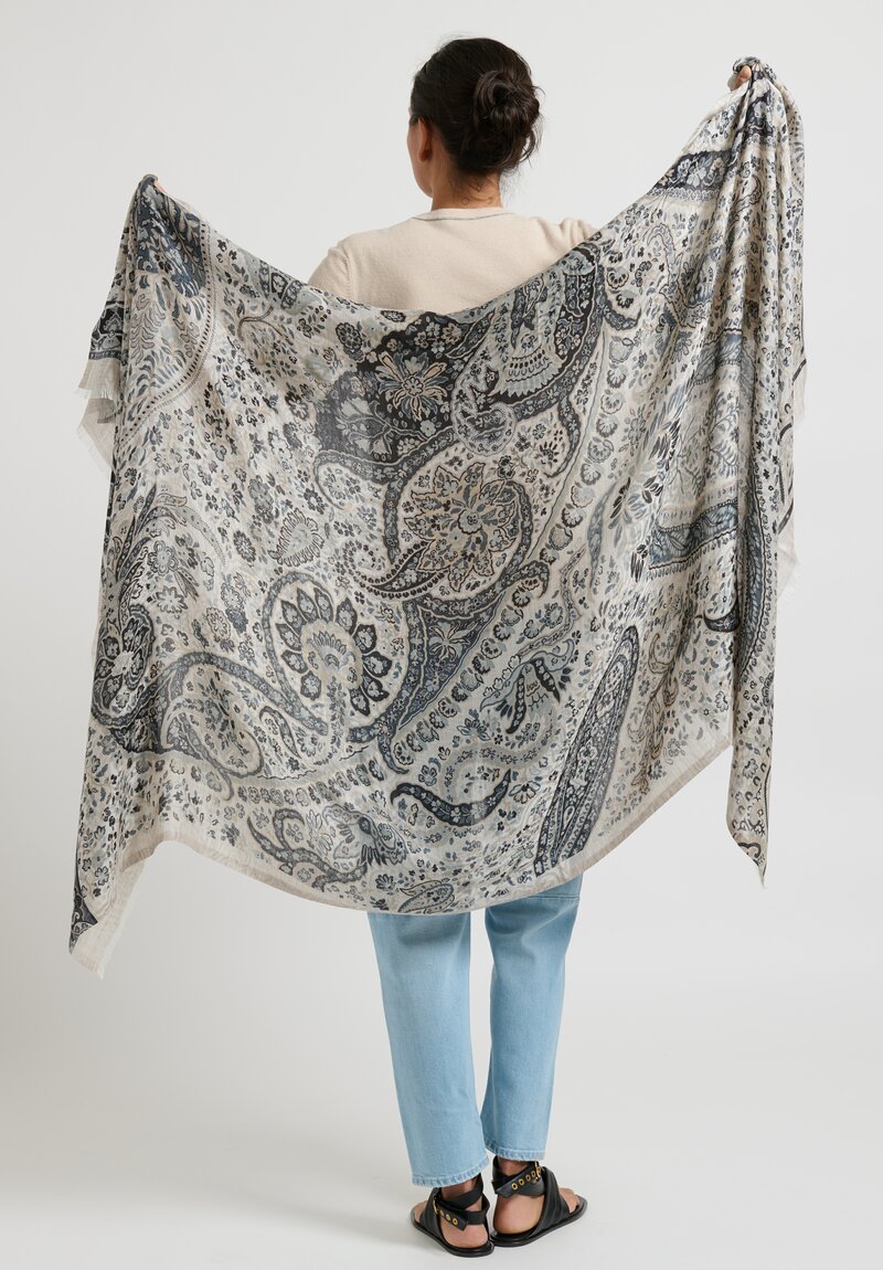 Etro Cashmere/Silk Floral Paisley Selvedged Scarf in Navy Blue	