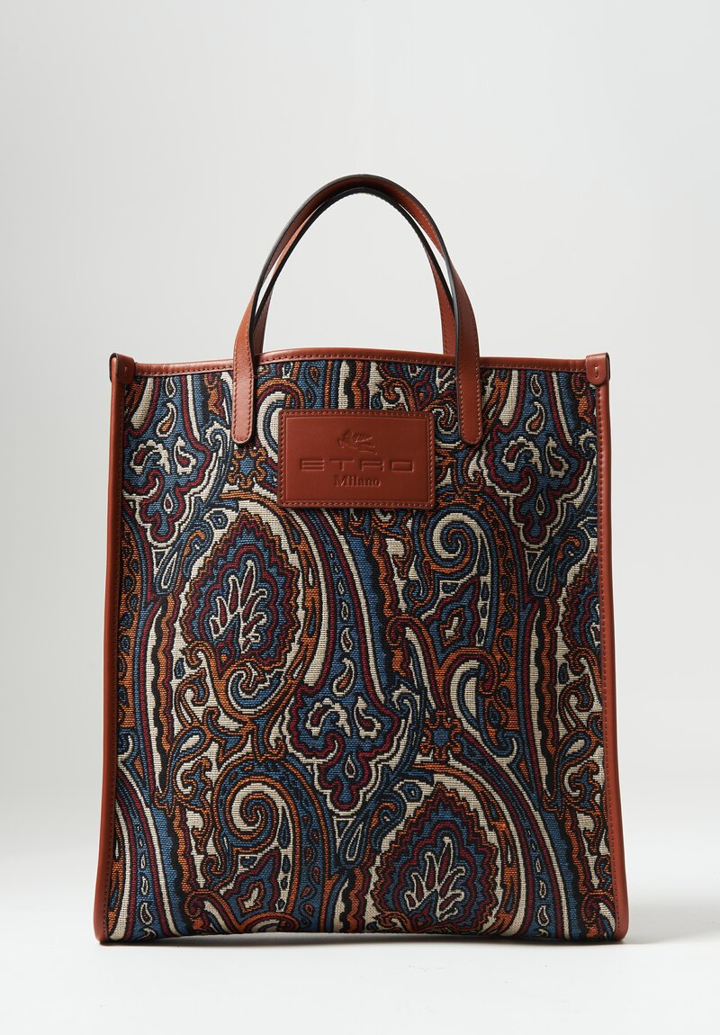 Etro Flat, Medium Jacquard Paisley Shopping Bag in Blue, Orange & Cream	