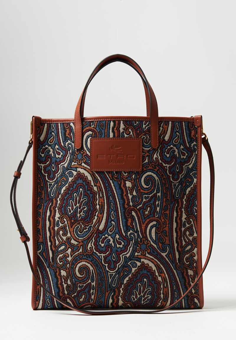 Etro Flat, Medium Jacquard Paisley Shopping Bag in Blue, Orange & Cream	