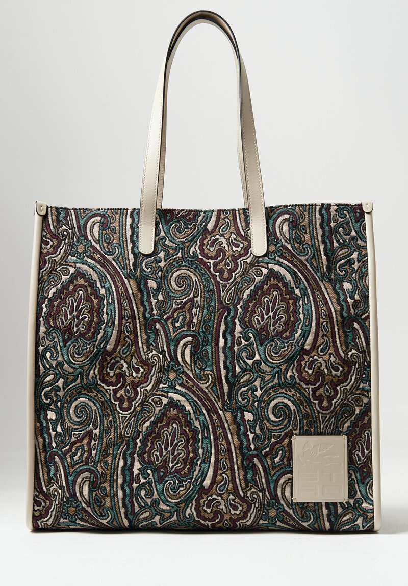 Etro Large Jacquard Paisley Shopping Bag in Cream, Blue & Brown	