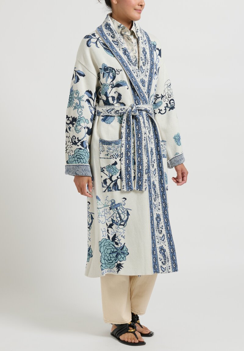 Etro Silk/Cotton Blend Jacquard Knit Coat in Ivory White & Blue	