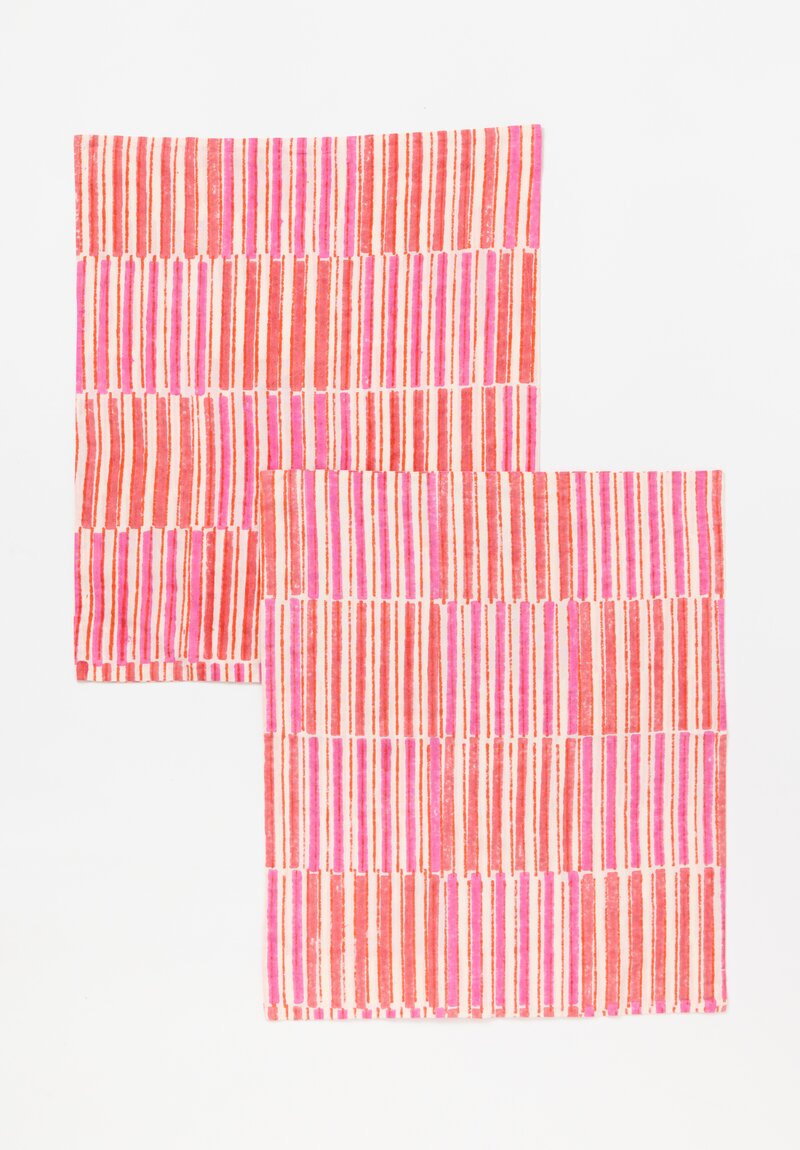 Gregory Parkinson Set of 6 Double Sided Hand Block Printed Napkins Geranium Radish Rose Stripe	