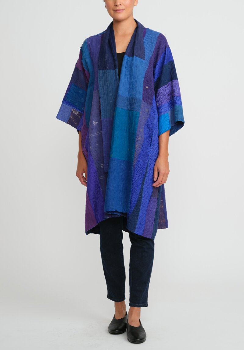 Mieko Mintz Cotton & Silk A-Line Duster in Stripe & Chech Blue	