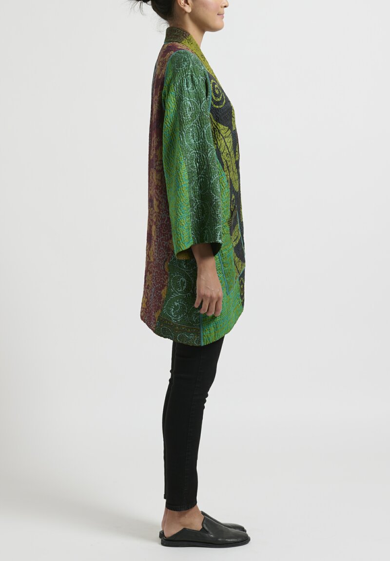 Mieko Mintz 4-Layer Jacquard Silk Kantha A-Line Jacket in Green