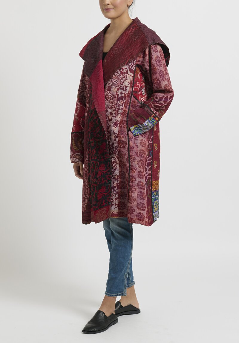 Mieko Mintz Jacquard Silk Kantha A-line Coat in Sangria Red III | Santa ...