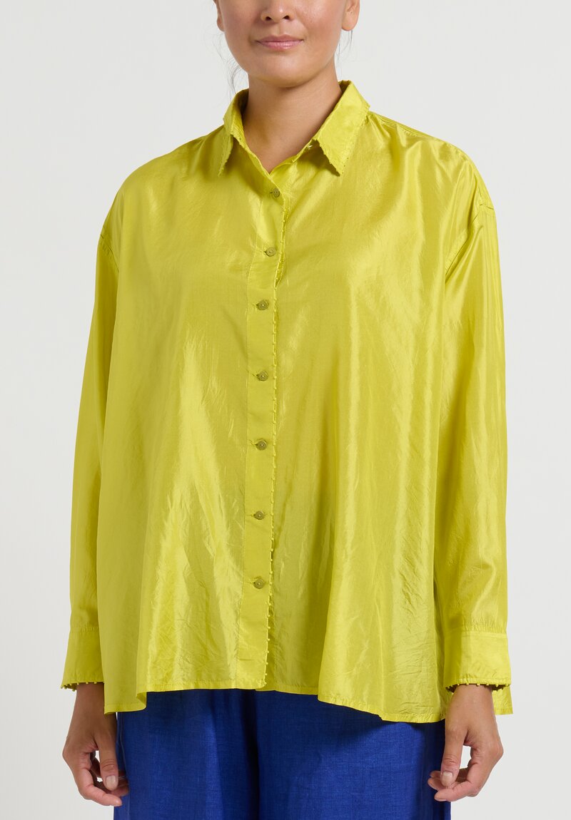 Péro A-line Silk Shirt with French Knot Details in Chartreuse Yellow	
