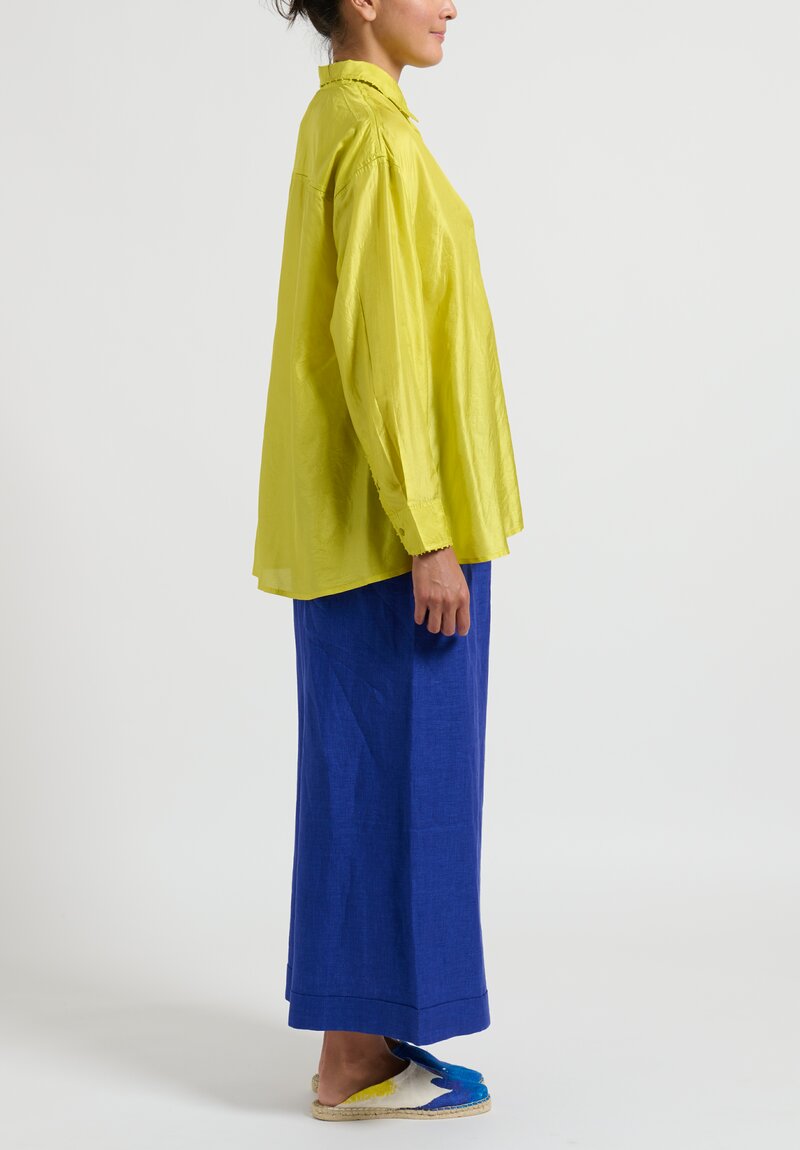 Péro A-line Silk Shirt with French Knot Details in Chartreuse Yellow	