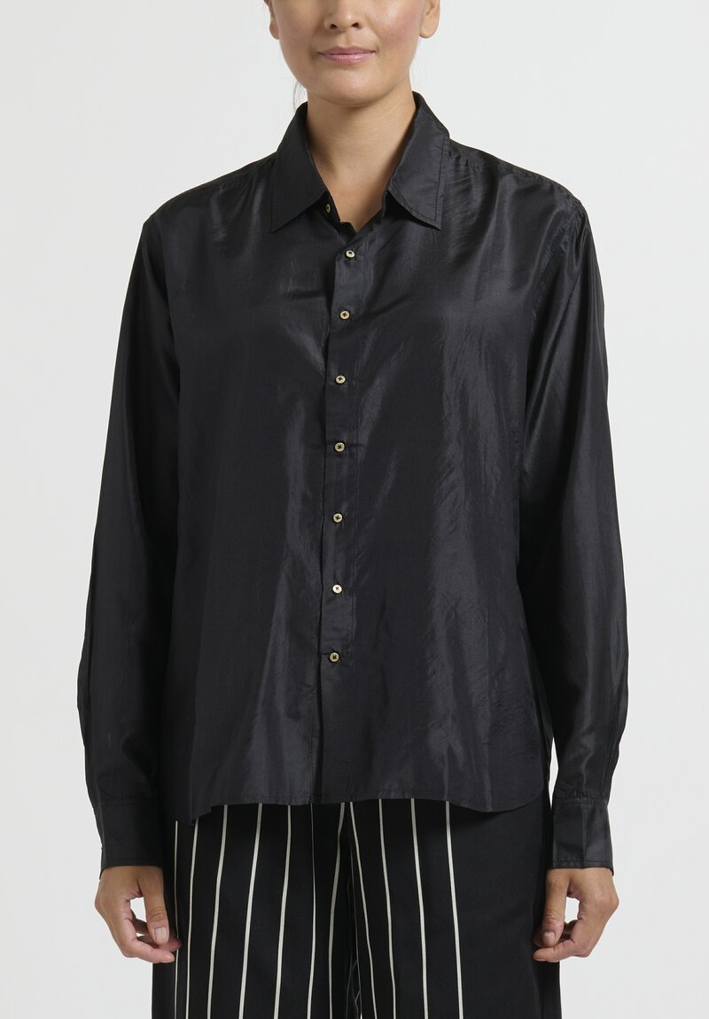 Péro A-line Simple Silk Shirt in Black	