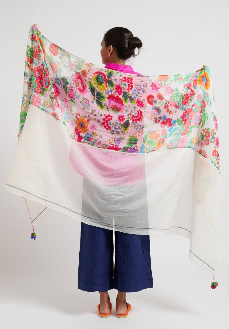 Péro Two Panel Floral Scarf in White Multicolor	