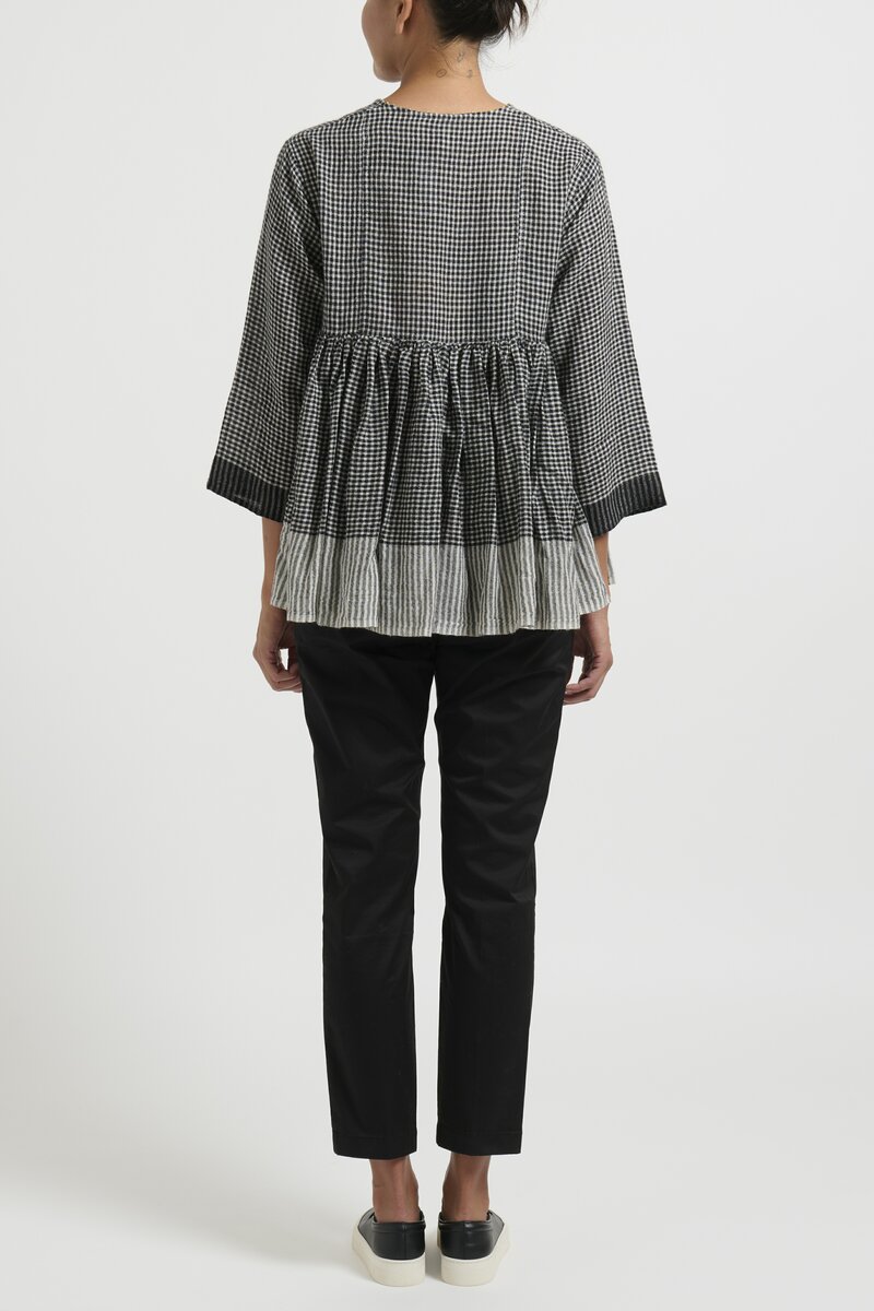 Péro Wool Checkered and Floral Gathered Top in Black	