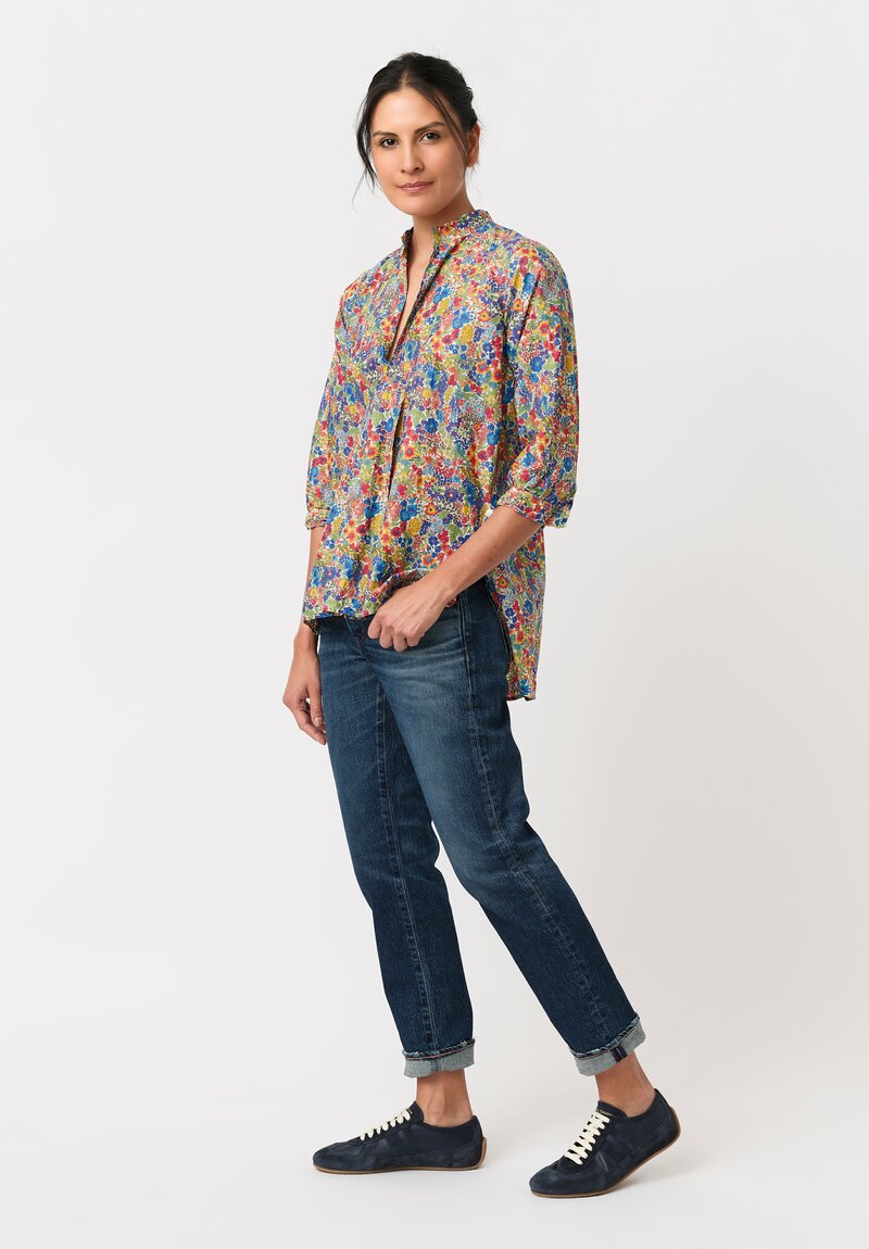 Daniela Gregis Washed Cotton Floral Kora Top in Blue, Red & Orange	