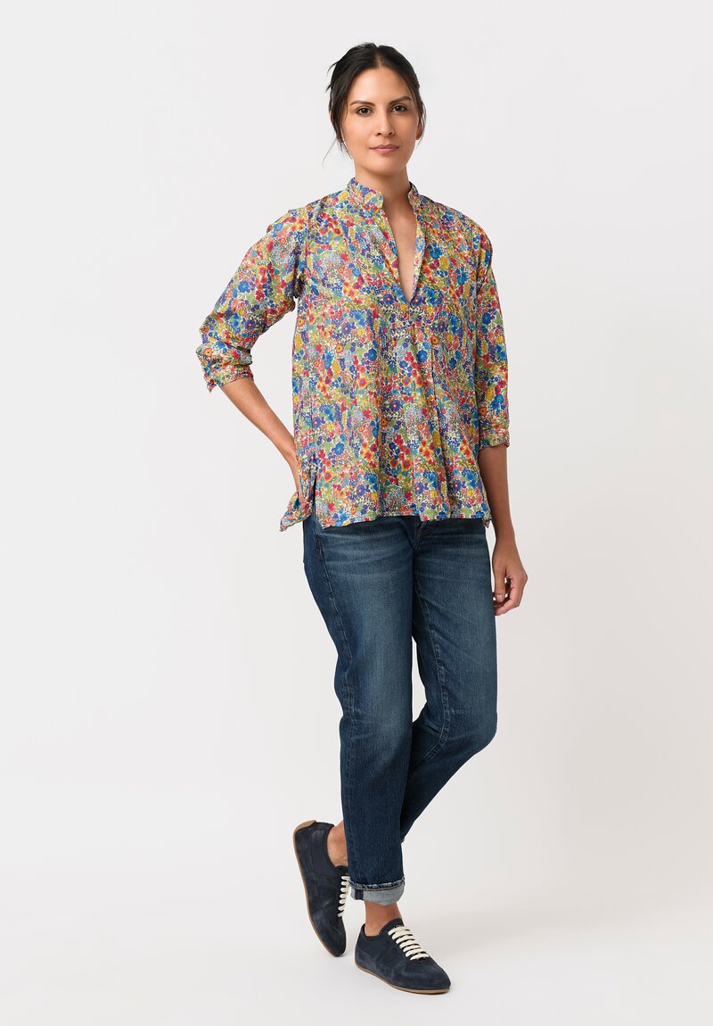 Daniela Gregis Washed Cotton Floral Kora Top in Blue, Red & Orange	