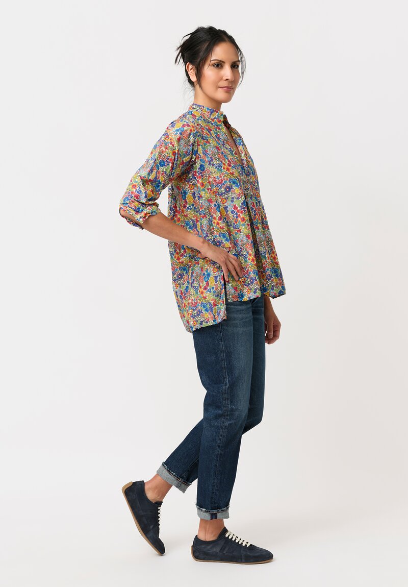 Daniela Gregis Washed Cotton Floral Kora Top in Blue, Red & Orange	