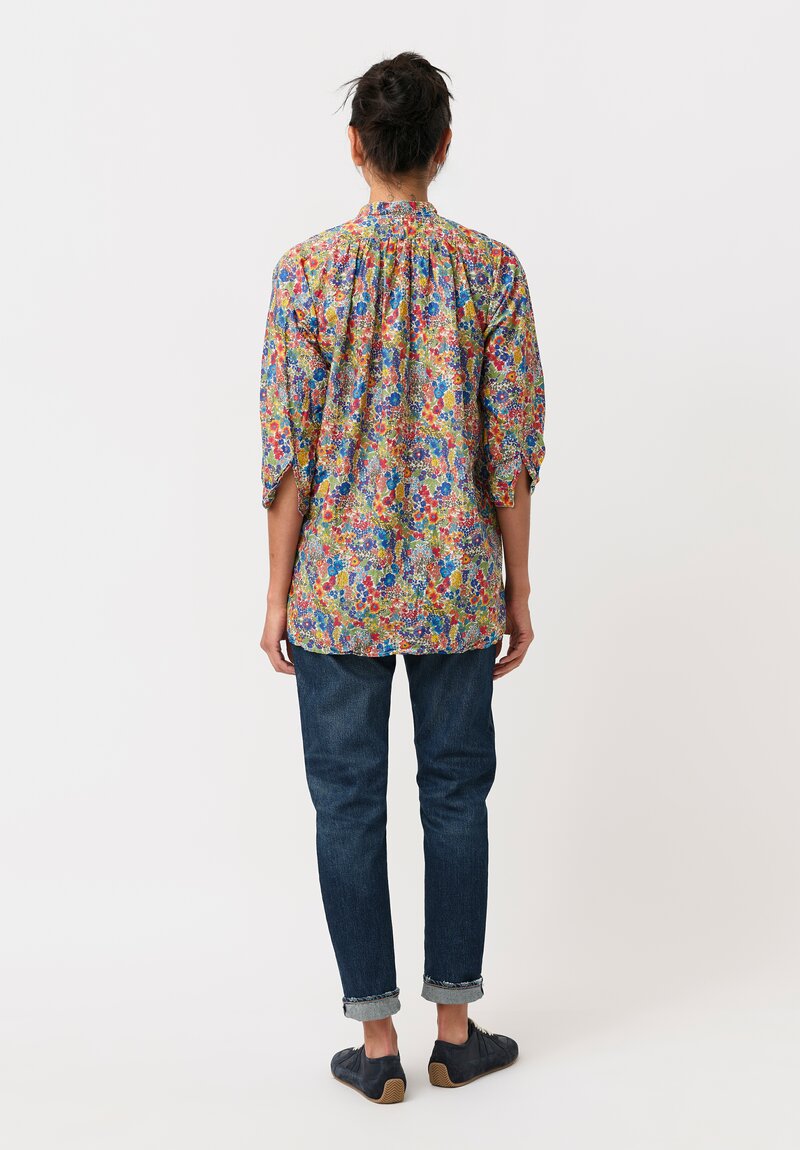 Daniela Gregis Washed Cotton Floral Kora Top in Blue, Red & Orange	